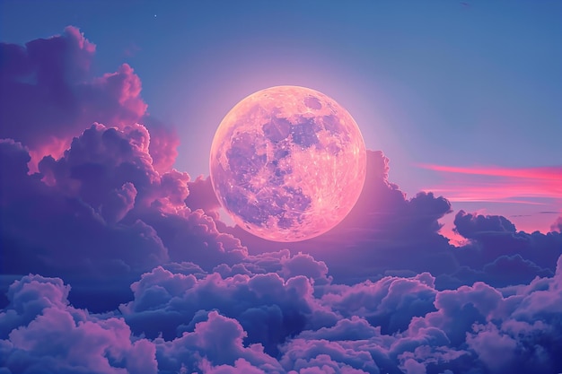 Uma espetacular lua cheia sobrando acima de nuvens fofinhas no céu rosa
