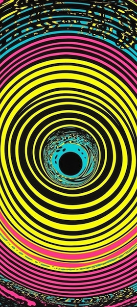 Foto uma espiral amarela e preta com um olho azul e listras pretas e amarelas.