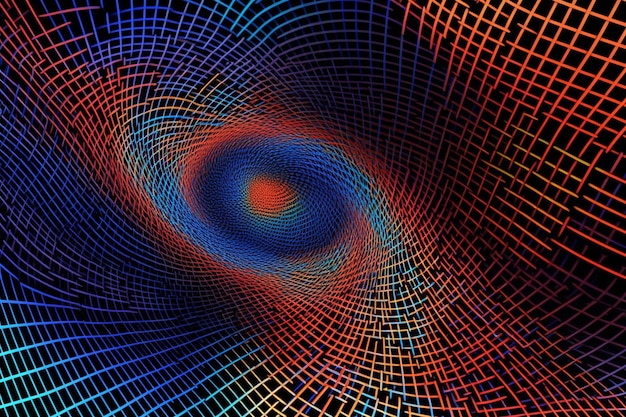 Uma espiral colorida com um círculo azul e vermelho no centro.