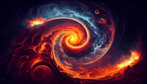 Uma espiral de fogo com chamas laranja e azuis