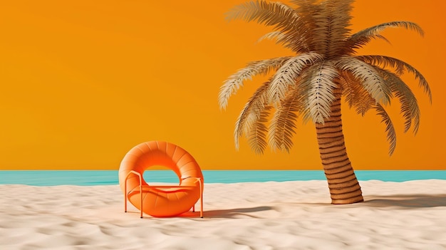 Uma espreguiçadeira laranja em uma praia com uma palmeira ao fundo.