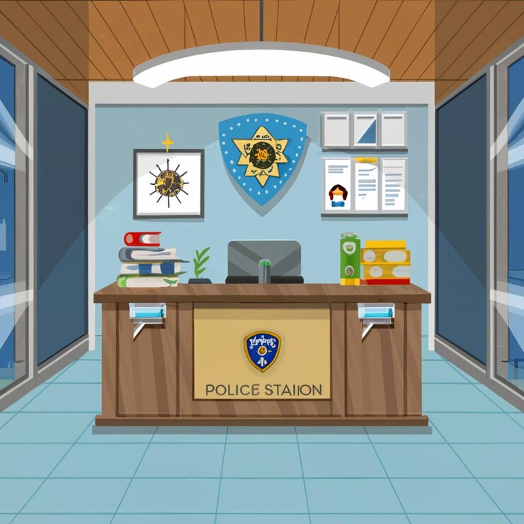 Foto uma esquadra de polícia com uma esquadra na parede.