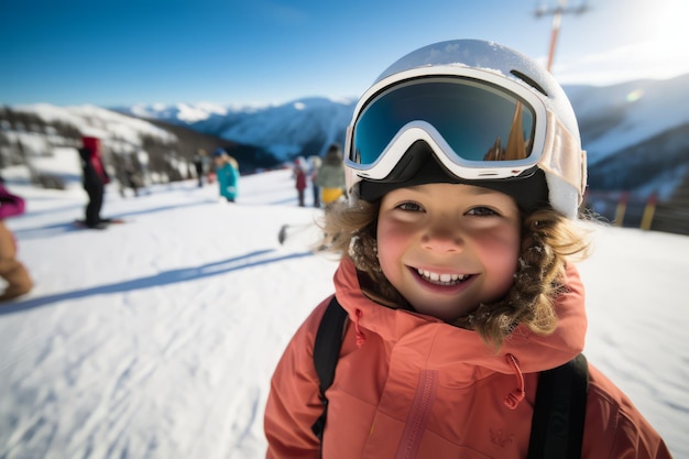 uma esquiadora sorridente olhando para uma câmera com equipamento de esqui em seu rosto