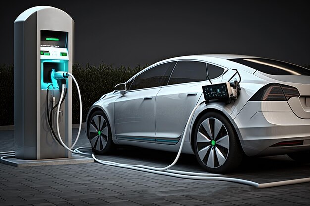 Uma estação de carregamento para carros elétricos um carro do presente e do futuro um carro ecológico IA geradora