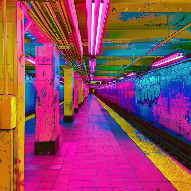 Foto uma estação de metrô brilhantemente iluminada com graffiti nas paredes