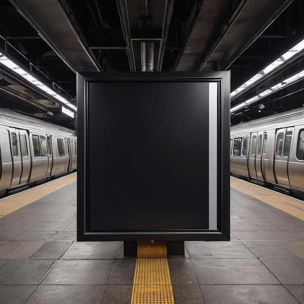 uma estação de metrô com um sinal em branco