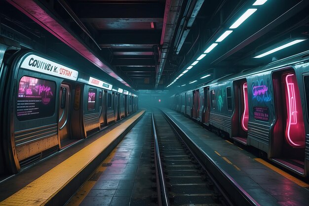 Foto uma estação de metrô cyberpunk com trens futuristas e sinais de néon