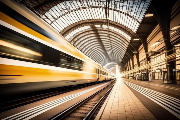 uma estação de trem com trem de alta velocidade em movimento, representando o transporte e a logística