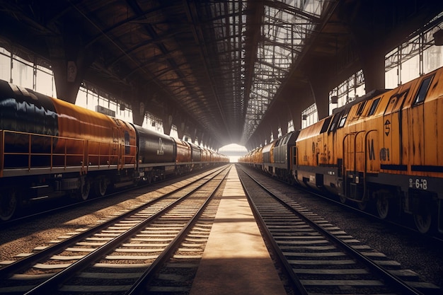 Uma estação de trem com um trem amarelo no meio.