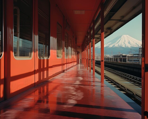 Foto uma estação de trem com uma montanha ao fundo