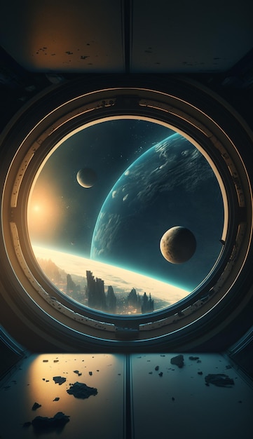 Uma estação espacial com planetas e o sol