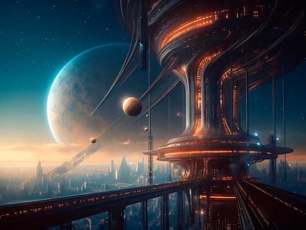 Uma estação espacial futurista com planetas em segundo plano com palácio futurista vencedor AI gerado AI generative AI generativ