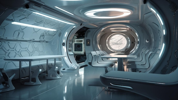 Uma estação espacial futurista com uma mesa e bancos