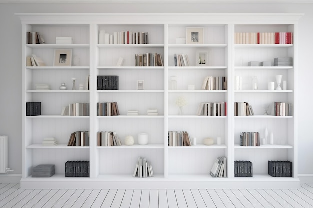 Uma estante branca com livros e uma foto de um livro na parede.