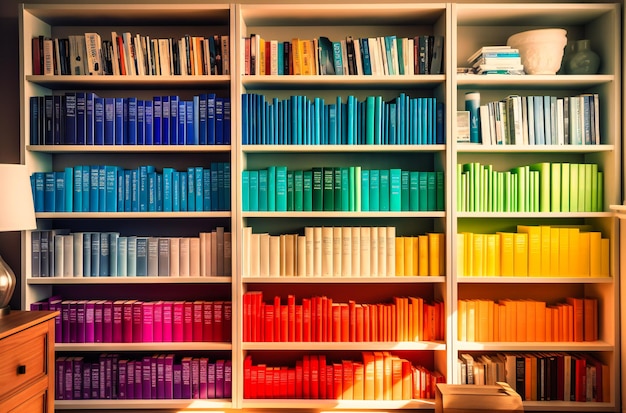 Uma estante branca exibindo muitos livros com capas coloridas