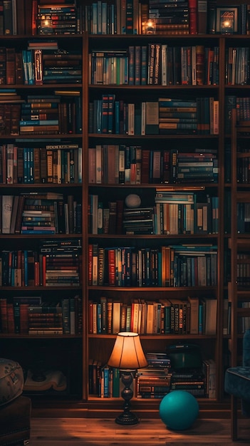 Uma estante cheia de vários livros com um fundo escuro e uma sensação cinematográfica gerada por ai