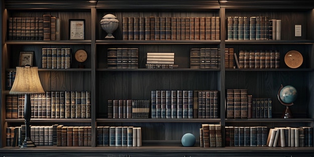 Uma estante cheia de vários livros com um fundo escuro e uma sensação cinematográfica gerada por ai