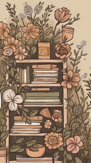 Uma estante com flores e um livro sobre ela