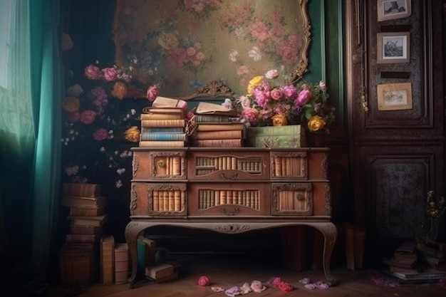 Uma estante com livros e flores