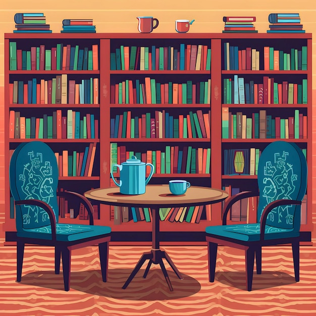 Uma estante com livros sobre ela e duas cadeiras com uma cadeira azul e uma mesa com uma xícara de chá sobre ela.