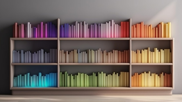Foto uma estante de livros com livros coloridos do arco-íris