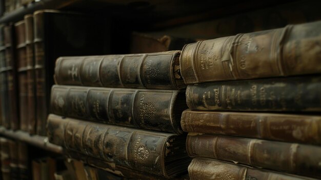 Uma estante empoeirada no escritório contém livros encadernados em couro com títulos muito desbotados para ler suas páginas