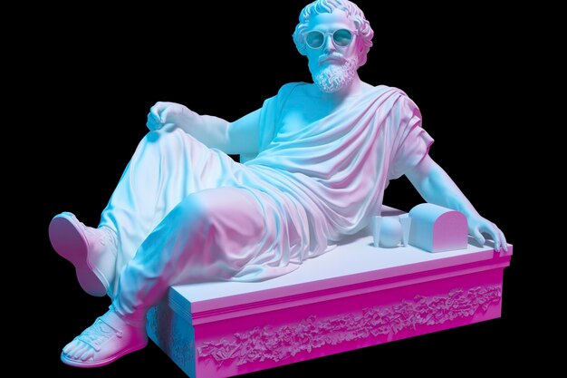 Uma estátua branca de Platão em uma pose legal usando óculos 3D magenta e ciano prontos para a festa AI Generative