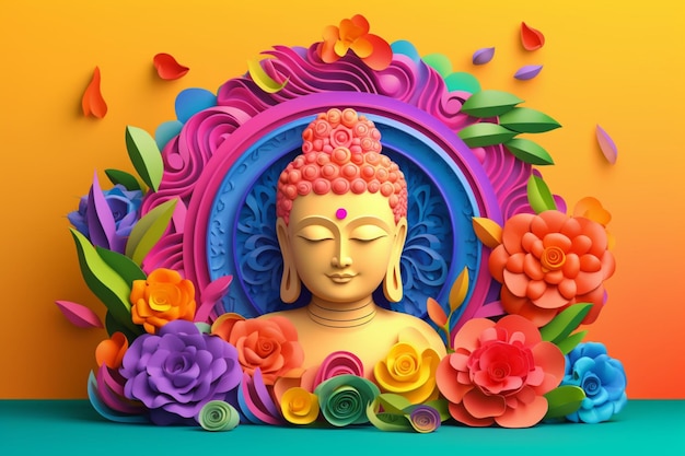 Uma estátua colorida de buda cercada por flores