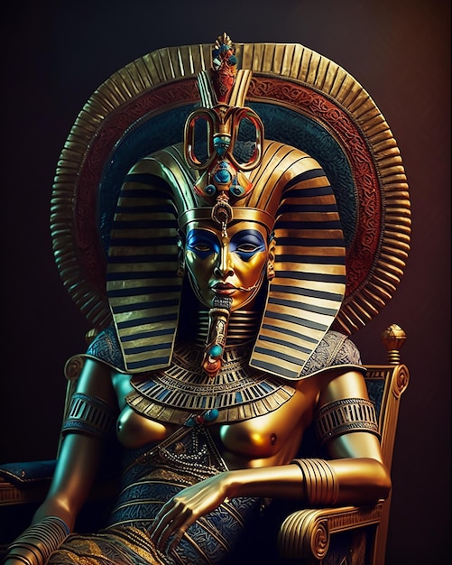 Uma estátua da rainha da deusa egípcia faraó em máscara dourada e acessórios dourados sentados no trono