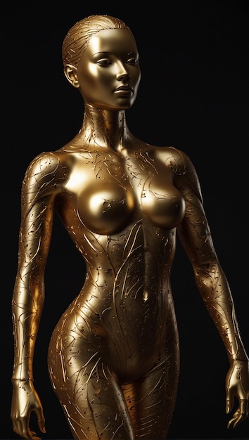 uma estátua de bronze de uma mulher com um sutiã de ouro