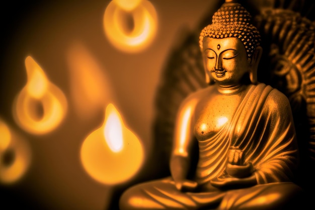 Uma estátua de Buda com uma vela acesa ao fundo