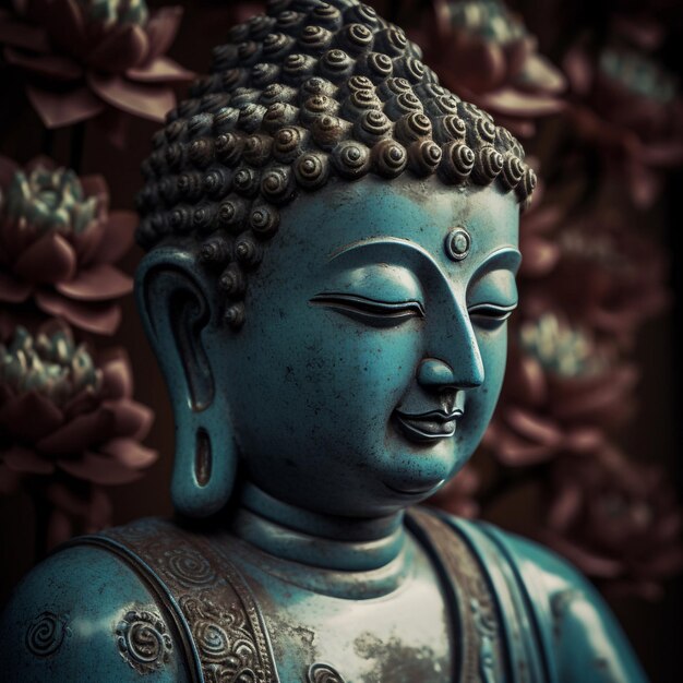 Uma estátua de Buda fica em frente a um canteiro de flores.