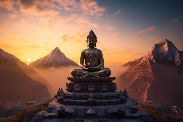 Uma estátua de buda fica em frente a uma montanha ao pôr do sol.