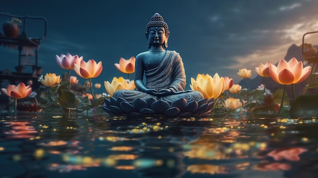 Uma estátua de buda fica em um lago com flores de lótus ao fundo