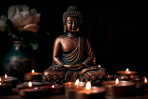 Uma estátua de buda fica na frente de velas com uma flor branca ao fundo.