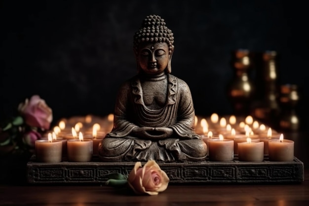 Uma estátua de buda fica na frente de velas com uma rosa rosa nela.