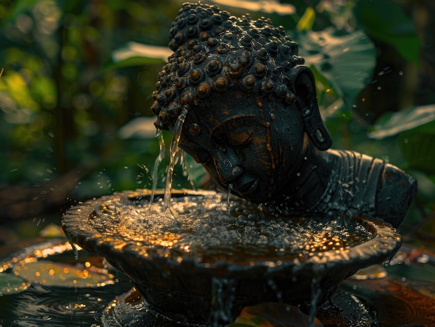 Uma estátua de Buda senta-se pacificamente no centro de uma lagoa calma, simbolizando serenidade e tranquilidade