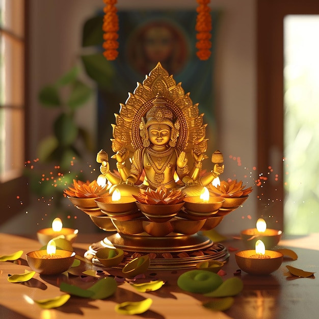 uma estátua de Buda sentada em uma mesa com velas ao redor