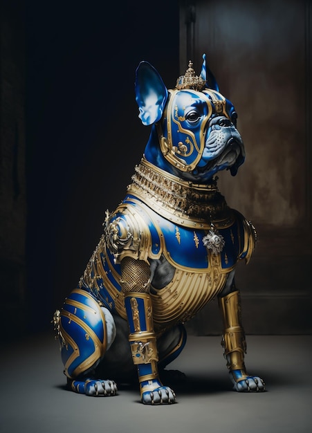 Uma estátua de cachorro azul e dourado com detalhes em ouro e um casaco dourado e azul