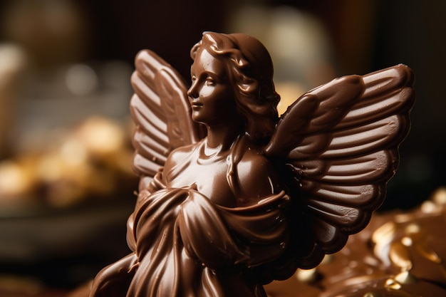 Uma estátua de chocolate de uma mulher com asas na cabeça