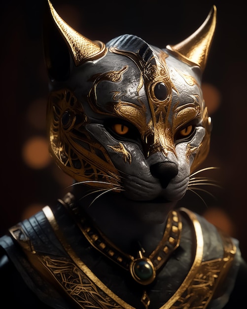 Uma estátua de gato com desenhos de ouro e prata e uma cabeça de gato de ouro