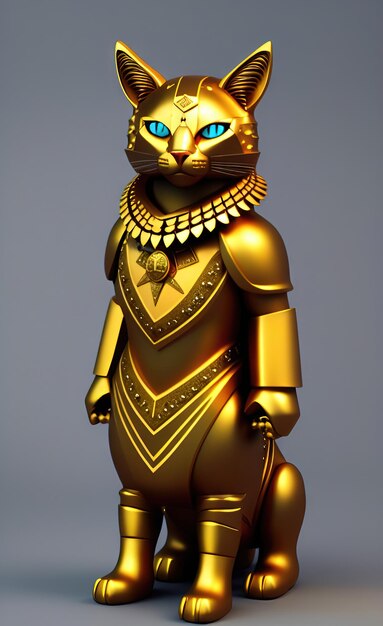 Uma estátua de gato de ouro com um colar de ouro e preto.