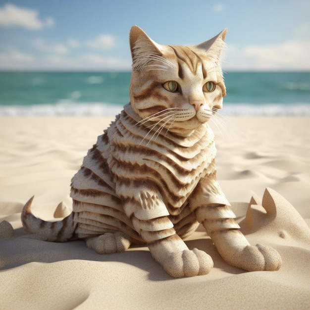 Uma estátua de gato está sentada na praia com o oceano ao fundo.