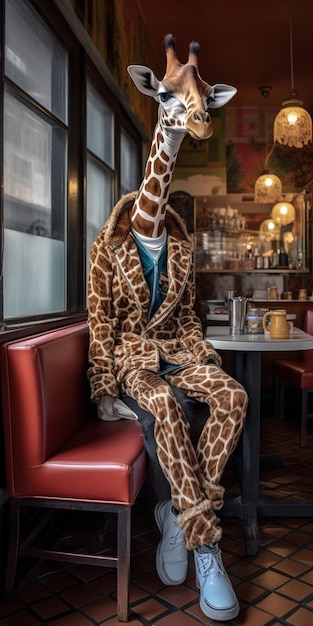 Uma estátua de girafa senta-se em um restaurante com um homem vestindo um terno e uma camisa que diz 'girafa'