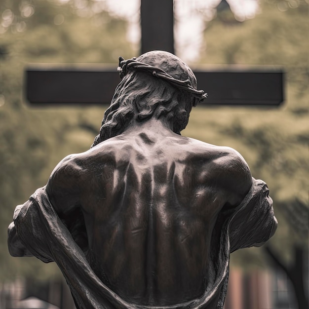 Uma estátua de Jesus com uma cruz ao fundo