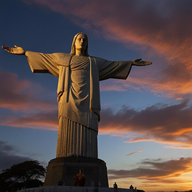 uma estátua de Jesus em frente a um céu de pôr-do-sol