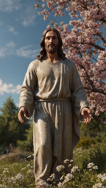 Uma estátua de Jesus está de pé num cemitério.