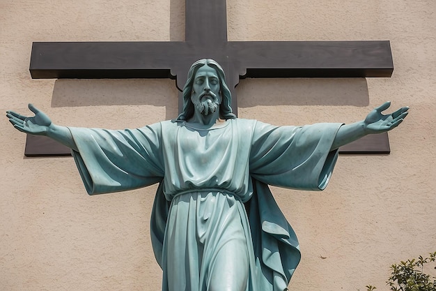 Uma estátua de Jesus está em frente a uma cruz