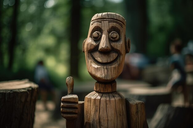 Uma estátua de madeira de um homem com o polegar para cima.