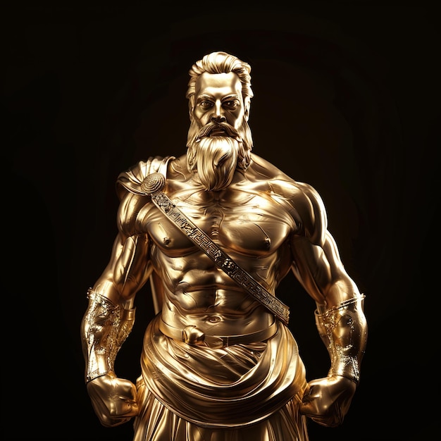 uma estátua de ouro de um homem com uma espada na mão